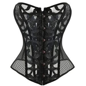 4224 Corset Satin Overbust Lace up Busiter Shapewear Outfit Black X-Large